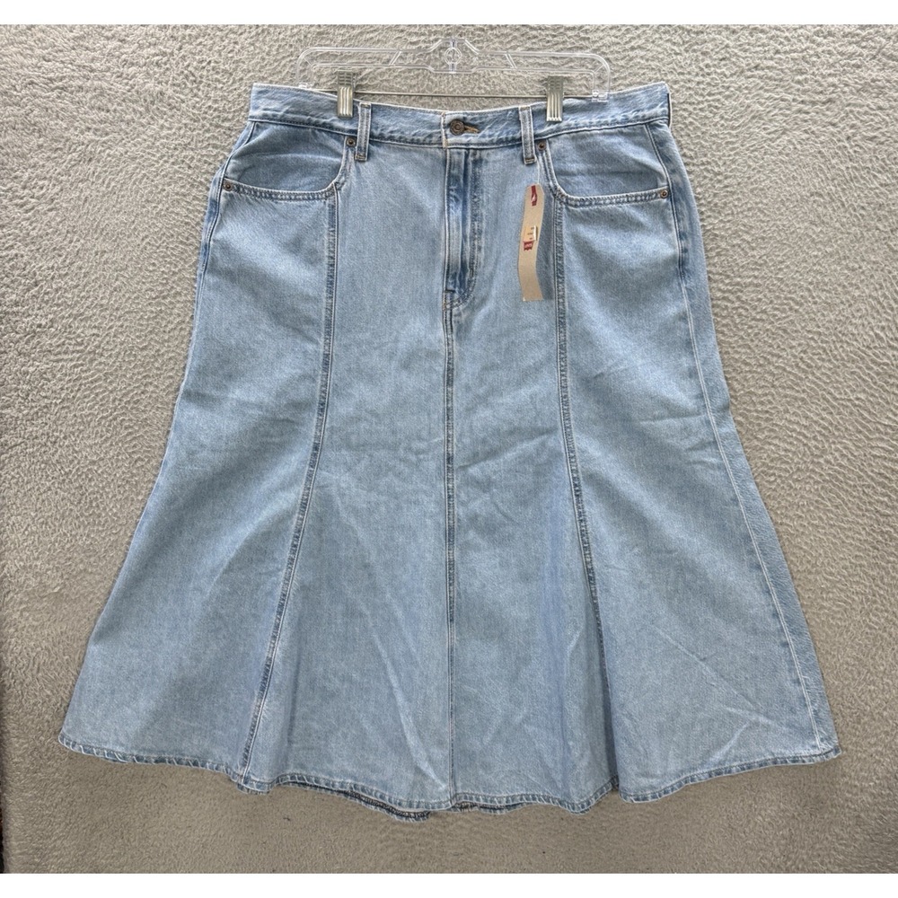 Levis Skirt Womens 34 Fits 38 Blue Denim Fit & Flare Seamed Midi Casual NEW - Picture 1 of 12